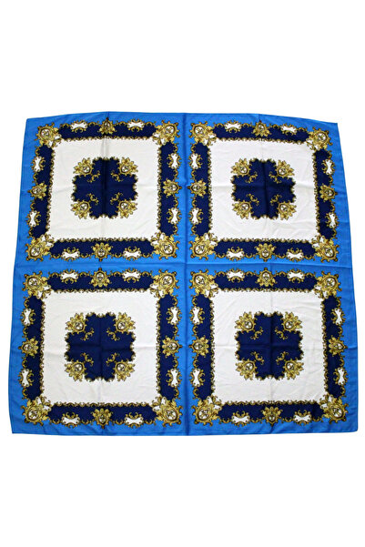 TikiTonki Çok Parçalı Çiçek Desenli Saten Mavi Eşarp - 90x90