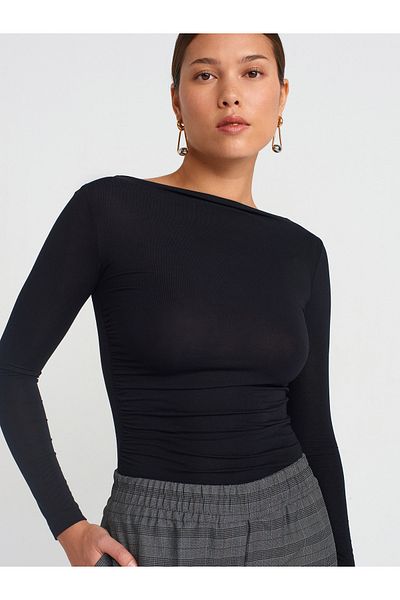 Dilvin 31431 Asymmetrical Long Sleeve Ball-Black