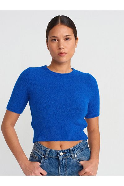 Dilvin 10651 Crew Neck Soft Textured Short Sleeve Knitwear Sweater-Saks