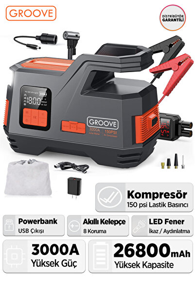 Groove JS006 26800mAh 3000A Akü Takviye Cihazı + Lastik Şişirme Kompresörü Ta...