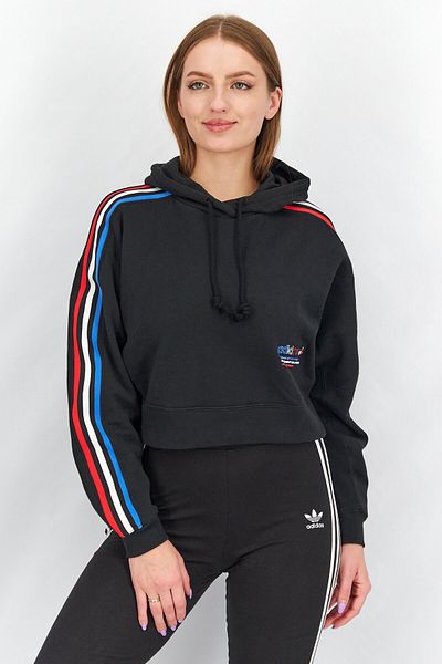 Adidas Originals Women Sportswear Fit Long Sleeves Tri-color Hooded Crop Sweatshirt, Black
