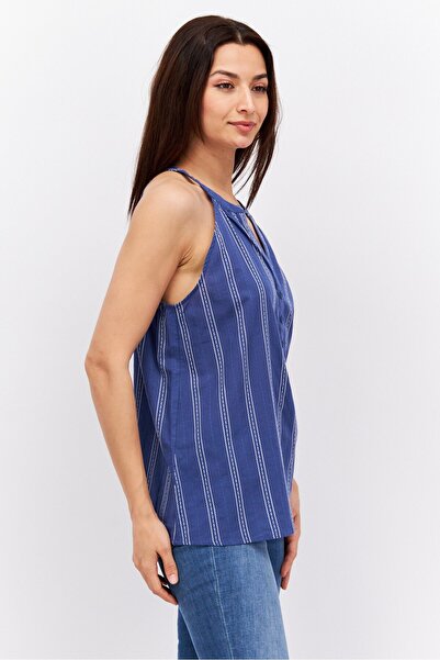 Esprit Women Split Neck Sleeveless Stripe Top, Blue