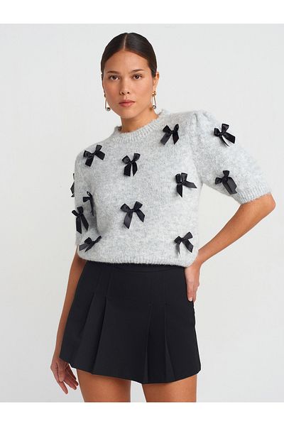 Dilvin 10673 Gray Melange Knitwear Sweater with Crew Neck and Bow Detail - Short Sleeve