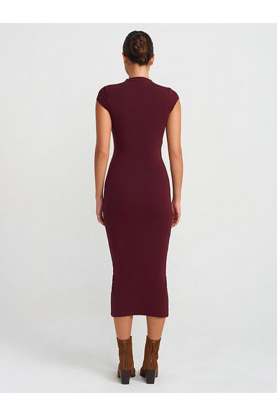 Dilvin 91296 Stand Collar Midi Dress-Claret Red