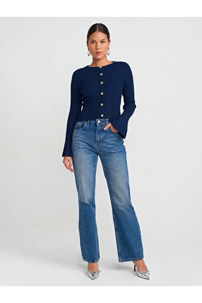 Dilvin 60246 Πλεκτό ισπανικό μανίκι με λαιμόκοψη με κουμπιά Ζακέτα-Μπλε ναυτικό