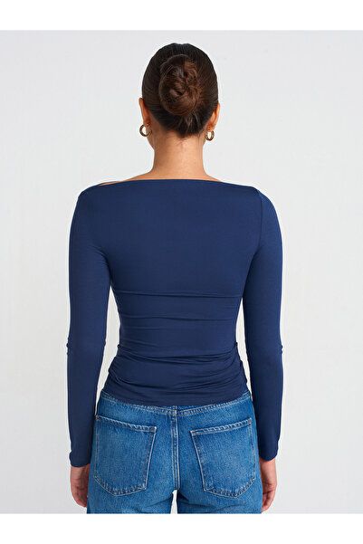 Dilvin 31213 Μπλουζάκι με μακρυμάνικη λαιμόκοψη-Μπλε