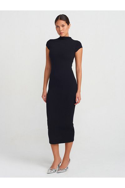 Dilvin 91296 Rochie midi cu guler ridicat-Negru