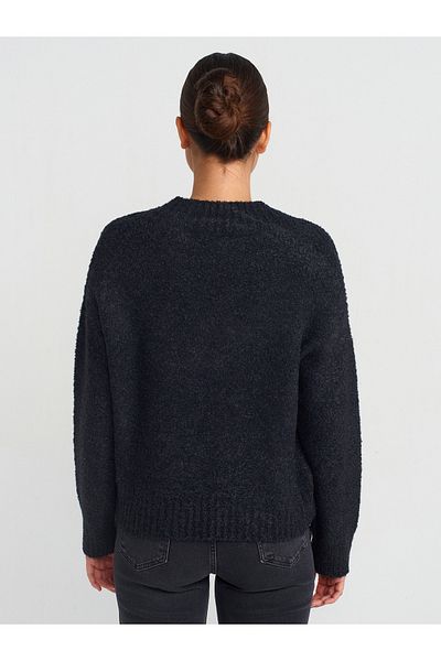 Dilvin 10661 V-Neck Boucle Knitwear Sweater-Anthracite