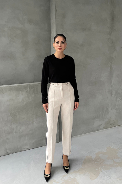 Seda Yalçın Atelier Beige Waist Pearl Detail Black Stripe Tweed Trousers