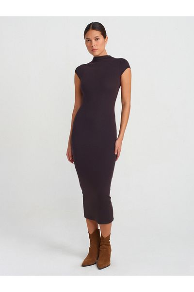 Dilvin 91296 Stand Collar Midi Dress-Dark Brown