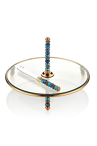 Cemile Gold Blue Beaded Cheese Plate Knife Set Breakfast