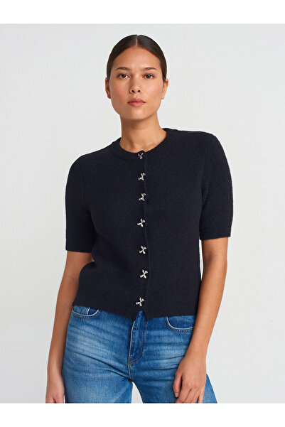 Dilvin 60284 Ζακέτα με μαλακή υφή με λαιμόκοψη ποδηλάτου-Μαύρη