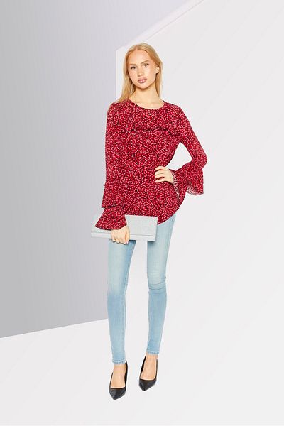 Michael Kors Women Crew Neck Long Sleeves Allover Print Blouse, Red