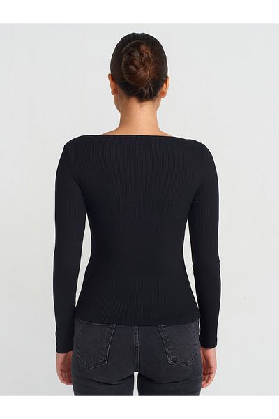 Dilvin 31462 Boat Neck Long Sleeve Ball-Black