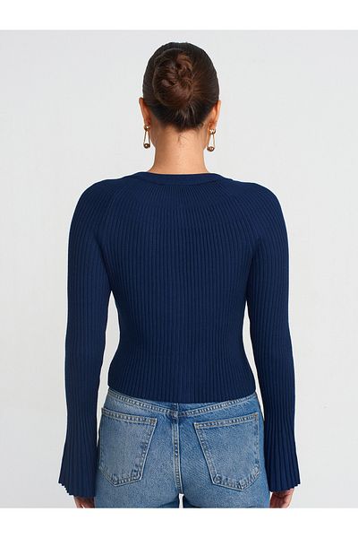 Dilvin 60246 Crew Neck Button Spanish Sleeve Knitwear Cardigan-Navy