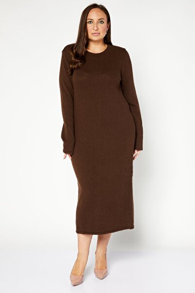 NA-KD Women Long Sleeve Ribbed Midi Dress, Brown