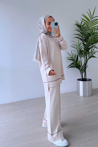 Ka Hijab Beige Hijab Set of 2 - Piping Detail, Mercerized