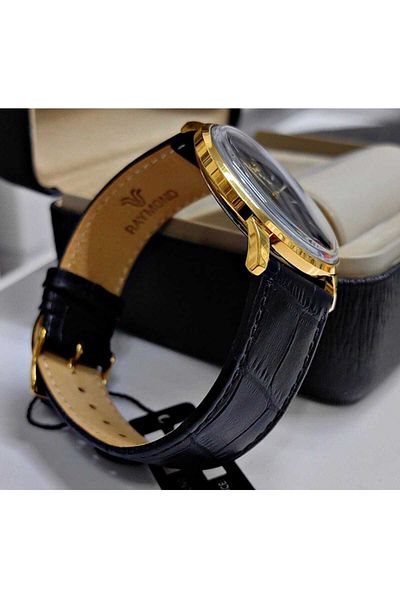 Raymond Gold/Black Leather Men's Wrist Watch