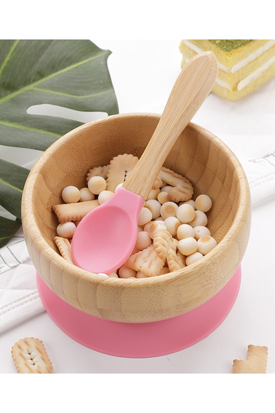 Fab N Funky وعاء شفط خشبي مع ملعقة - وردي، مناسب للأطفال من عمر 3 سنوات فما ف...