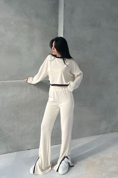 Seda Yalçın Atelier Cream Ribbed Long Sleeve Crop Pants Set