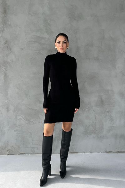 Seda Yalçın Atelier Black Ribbed Half Turtleneck Knitwear Dress