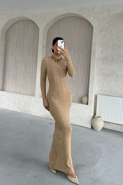 Seda Yalçın Atelier Stone Ribbed Half Turtleneck Long Knitwear Dress