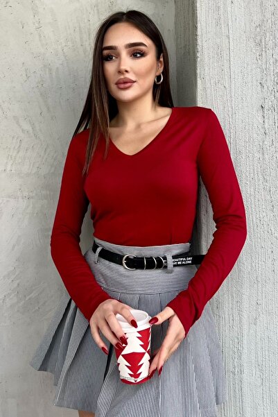 modavingo Kadın Bordo V Yaka Uzun Kollu Basic Body