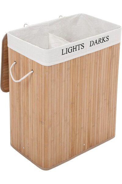 STOREMAX سلة غسيل من الخيزران HTC، فاصل غسيل سعة 100 لتر، حجرتين، مغسلة قابلة...