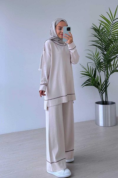 Ka Hijab Beige Hijab Set of 2 - Piping Detail, Mercerized