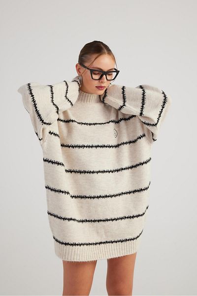 HOLLY LOLLY Ecru Color Striped Oversize Paloma Sweater