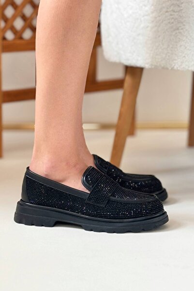 Lizzu Черни дамски мокасини с лъскави каменни детайли - Ежедневни обувки Glisera