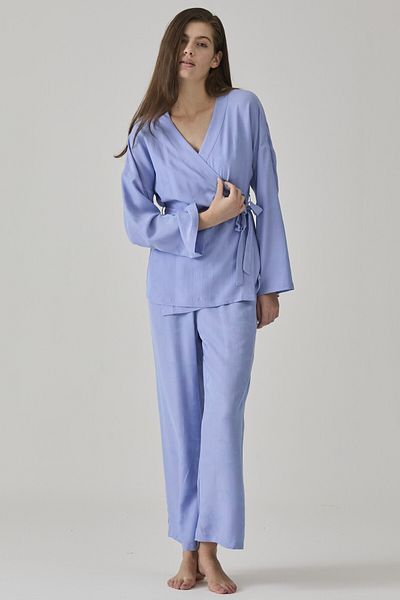 Pamuk & Pamuk Women's Blue Jacquard Kimono Collar Pyjamas Suit