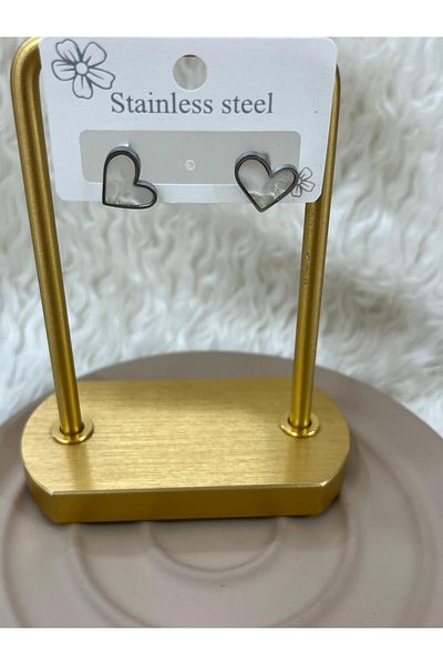 YASİN TOPÇU Steel Silver White Heart Stylish Earrings