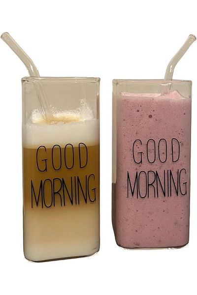 STOREMAX Ntwork Rectangular Drink Cup, Heat Resistant Rectangular Glass Cup, Good Morning Glass B