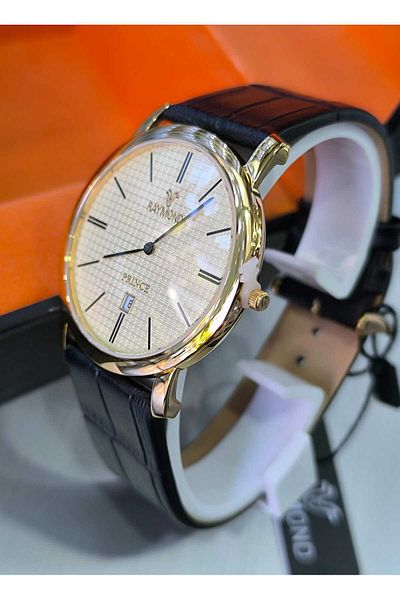 Raymond Classic Black/Gold Leather Men's Wrist Watch