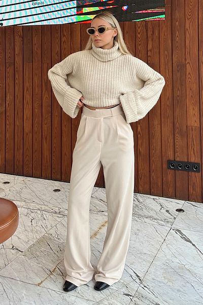 Swist Beige Kate Bequeme Palazzo-Hose für Damen mit Klettverschluss in der Taille