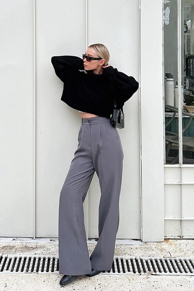 Swist Graue Hera Palazzo-Hose für Damen mit elastischer Taille und Tasche