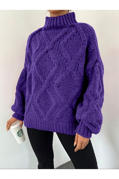 Modamorfo Half Throat Balloon Sleeve Winter Sweater -Purple