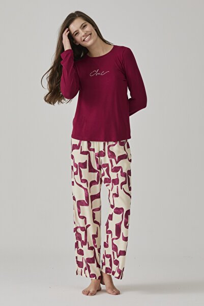 Pamuk & Pamuk ΓΥΝΑΙΚΕΙΟ ΣΕΤ ΠΙΤΖΑΜΑ ΜΕ ΜΟΝΤΕΡΝΟ ΣΧΕΔΙΟ ΜΠΟΡΔΟ-ΛΕΥΚΟ