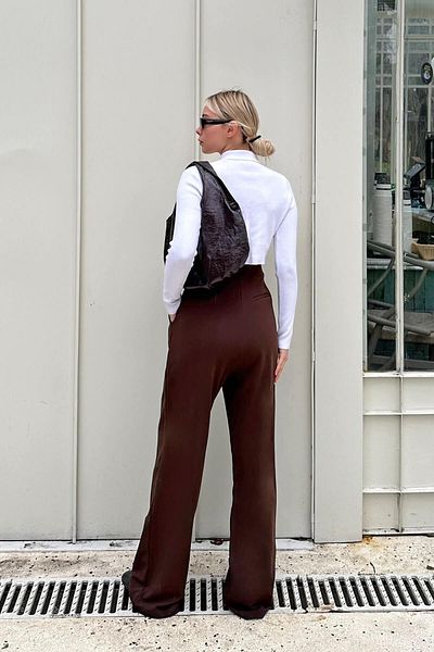 Swist Braune Kate Bequeme Palazzo-Hose für Damen mit Klettverschluss in der Taille