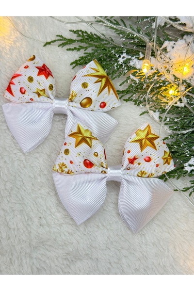 Eliya Clips Set of 2 White Christmas Concept Star Detailed Handmade Bow Clip ...