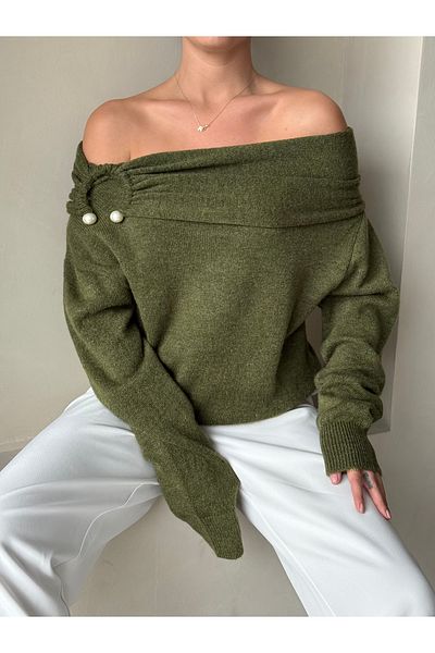 Laluvia Khaki gyöngycsatos kiegészítő Madonna galléros pulóver - 4400