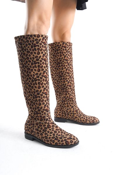 Lizzu Cizme de damă fără fermoar sub genunchi - Roaley Leopard