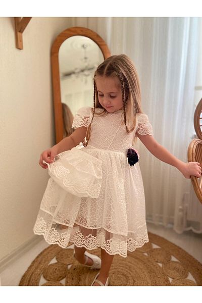 DUDOR KİDS Girl's Off-White Evening Dress Towel Dress and Bag (Please One Size Large)