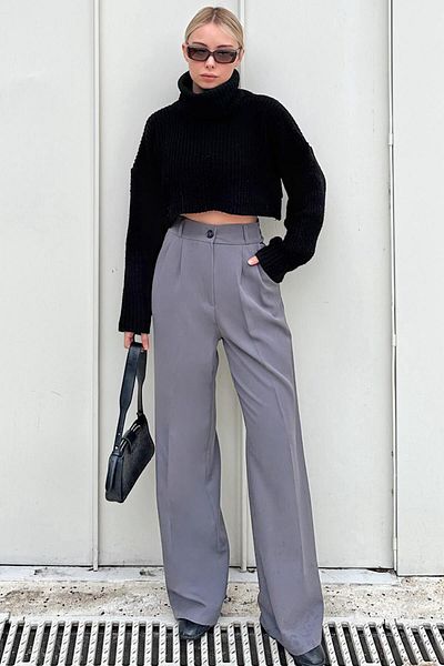 Swist Graue Hera Palazzo-Hose für Damen mit elastischer Taille und Tasche