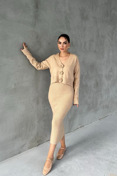 Seda Yalçın Atelier Beige Cardigan and Gown Set - Rose Detail