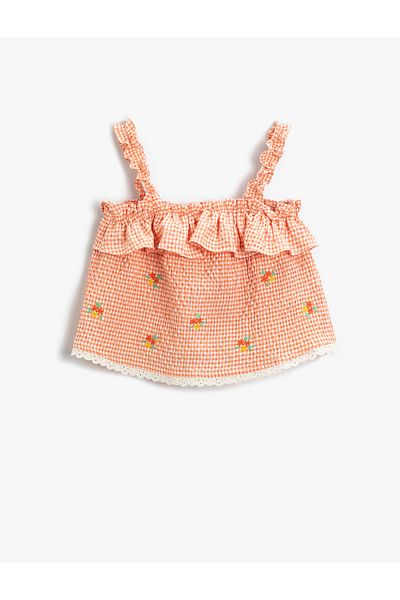Koton Floral Embroidered Gingham Ruffle Strap Blouse