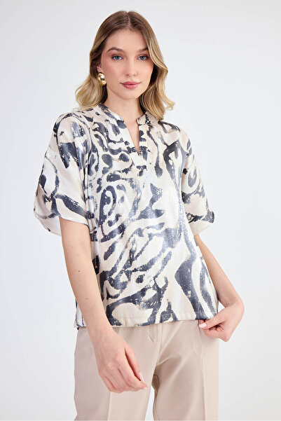 Vitrin Shiny Fabric Patterned Judge Collar Blouse