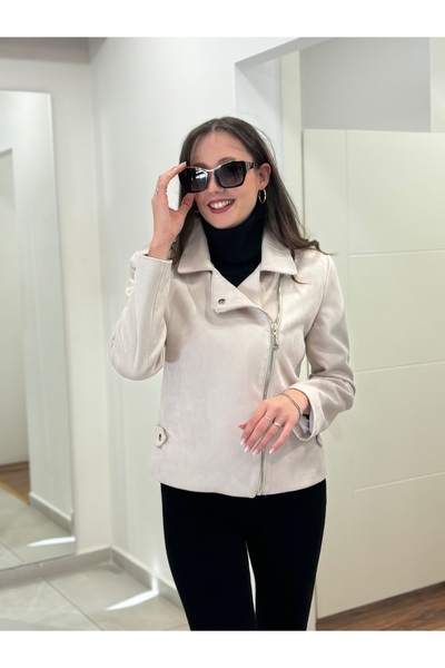 AYHAN Double Breasted Collar Lined Zippered Short Suede Jacket with Buttons on the Collar and Belt