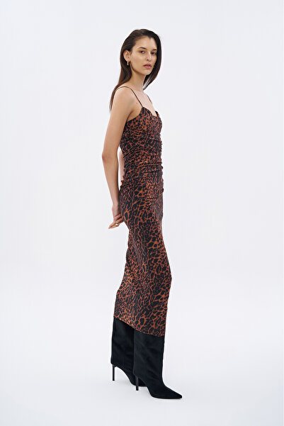 Quzu Thin Straps Leopard Print Draped Long Dress Brown